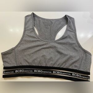BCBG GENERATION CHARCOAL RACERBACK SPORTS BRA XL HAS BCBG LOGO ON ELASTIC BAND